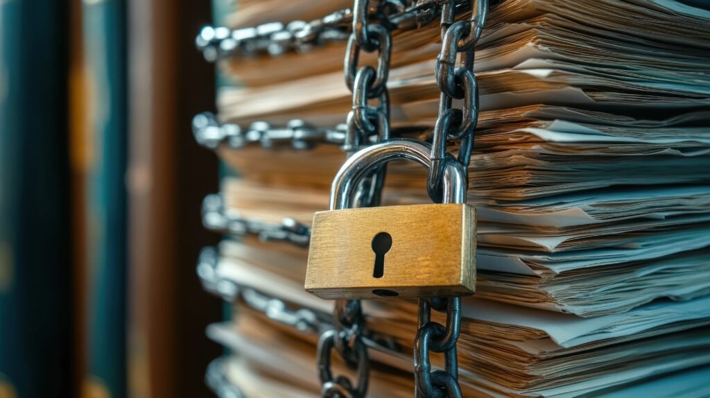 padlock around paper representing a secured business loan holding power over assets